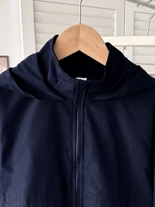SHEIN 兒童青少年女孩休閒街頭風連帽口袋拉鍊前開襟下擺長袖梭織素色外套秋冬大衣 - 藏蓝色 - 查看 4