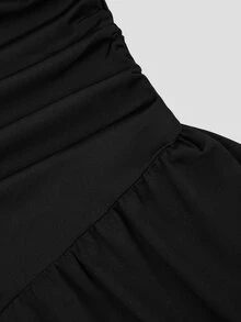SHEIN PETITE Women's Black Casual Minimalist Comfortable Versatile Asymmetrical Shoulder Lace Patchwork Flared Sleeve Ruched Slim Fit Jumpsuit - Black - View 5