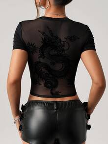 SHEIN ICON Y2K 女款萬聖節網紗露背短版上衣 透視黑色街頭風哥德性感龍圖案休閒日常短袖T恤 - 黑色 - 查看 9