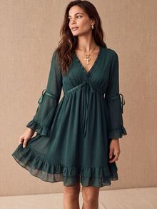CielaLinda Gaun Mini Boho Biru Tosca Wanita, Gaun Chiffon Lengan Panjang dengan Pita, Gaun Lengan Berenda dan Ruffle - Teal Blue - View 3