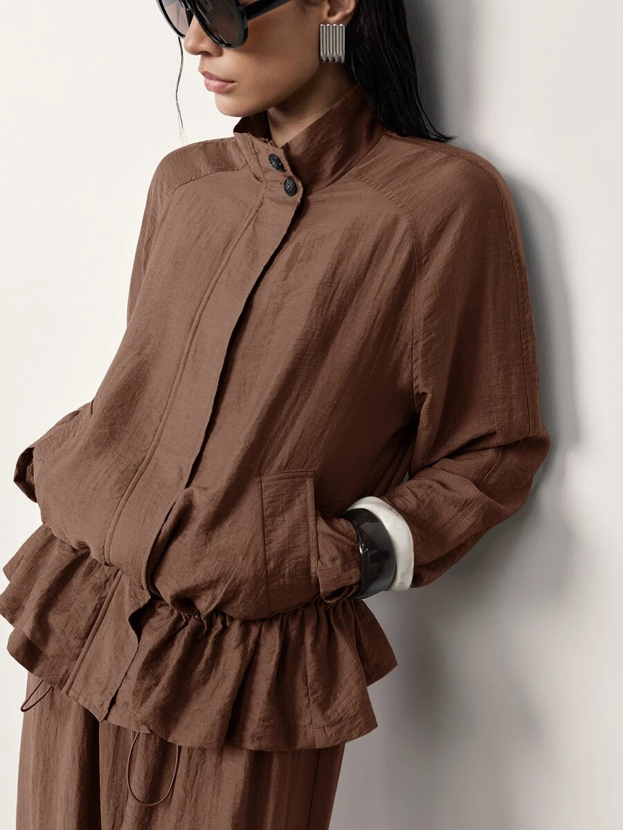 MERLEAU Women's Streetwear Button Zip Drawstring Long Sleeve Jacket - Brown - View 1
