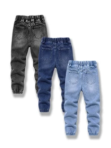 3pcs/Set Tween Boys Black Grey, Dark Blue, Light Blue Multi-Color Casual Sports Pants, Comfortable Elastic Waist Denim Fabric Pants With Drawstring Design, Suitable For School Daily Wear - Multicolor - View 2