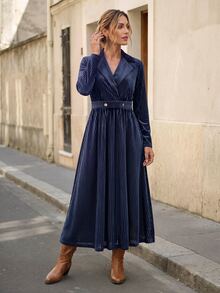 Faunlyn Women's Vintage Elegant Waist Button Decor Striped Print Long Sleeve Midi Dress - Blue - View 3