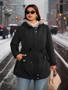 SHEIN CURVE+ معطف باركا شتوي مبطن بفرو تيدي مع خصر مشدود وغطاء رأس - الأسود - مشاهدة 11