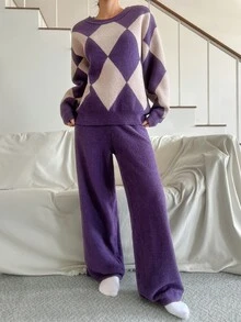 DAZY Women's Fashion Colorblock Long Sleeve Top And Pants Pajama Set - Purple - View 5