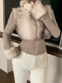 DAZY Autumn/Winter Beige Camel Faux Fur Patchwork Slim Fit Cinched Waist Sweet Date Wedding Party Women's Jacket - Khaki - View 6