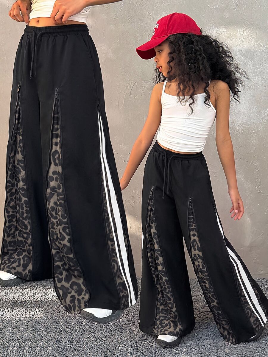Tween Girl Spring/Summer Streetwear Kids Leopard Baggy High Waisted Wide Leg Pants - Black - View 1