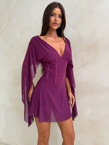 Aloruh Contrast Mesh V Neck Split Sleeve A Line High Waist Mini Dresses - Purple - View 5