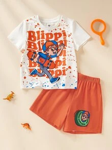 Blippi X SHEIN 小男孩圓領卡通角色印花T恤與短褲居家休閒套裝 - 橘色 - 查看 3