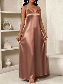 SHEIN Lady Plus Size Women Elegant Solid Color V-Neck Dress - Mocha Brown - View 4