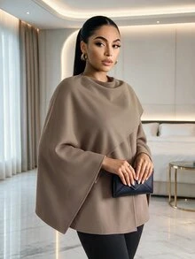 SHEIN Lady Plus Size Women's Solid Color Casual Versatile Daily Overcoat Winter - Brown - View 10