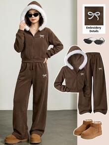 SHEIN Casuvi Kids 女童 2 件組秋冬外套套裝，毛茸茸毛領連帽拉鍊短版修身夾克，附蝴蝶結刺繡，搭配蝴蝶結刺繡寬腿長褲，美觀優雅街頭運動風穿搭 - 彩色 - 查看 4