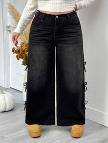 SHEIN CURVE+ Jeans Denim Wanita Plus Size Kasual untuk Harian dan Traveling dengan Saku dan Kancing - Hitam - View 5