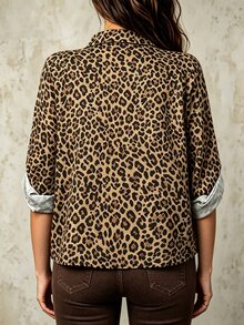 Linhara CURVE Women's Leopard Print Button Lapel Long Sleeve Shirt Fall - Multicolor - View 2