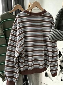 Resyla 極簡復古橫條紋圓領套頭運動衫 羅紋袖口 休閒寬鬆版型 女款基礎上衣 - 彩色 - 查看 2