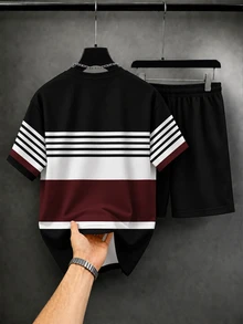 KRYTIVO Plus Size Graffiti Set For Men, Black & Orange Contrast Color King Print Short Sleeve & Shorts 2 Pieces Set, Loose Fit Slimming American Street Casual Sports Outfit - Multicolor - View 2