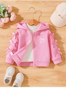 SHEIN جاكيت صوف مبطن بغطاء رأس وسحاب للبنات الصغيرات بلون موحد مناسب للخريف/الشتاء - وردي مغبر - مشاهدة 4