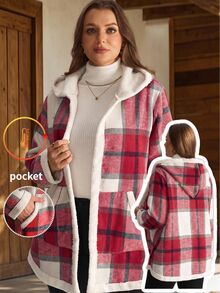 EMERY ROSE Jaket Wanita Ukuran Besar Motif Kotak-kotak Berkerudung dengan Lapisan Bulu Domba, Pakaian Musim Dingin Musim Gugur/Musim Dingin 2026, Mantel Vintage, Pakaian Musim Dingin, Busana Musim Dingin untuk Wanita - MultiWarna - View 2
