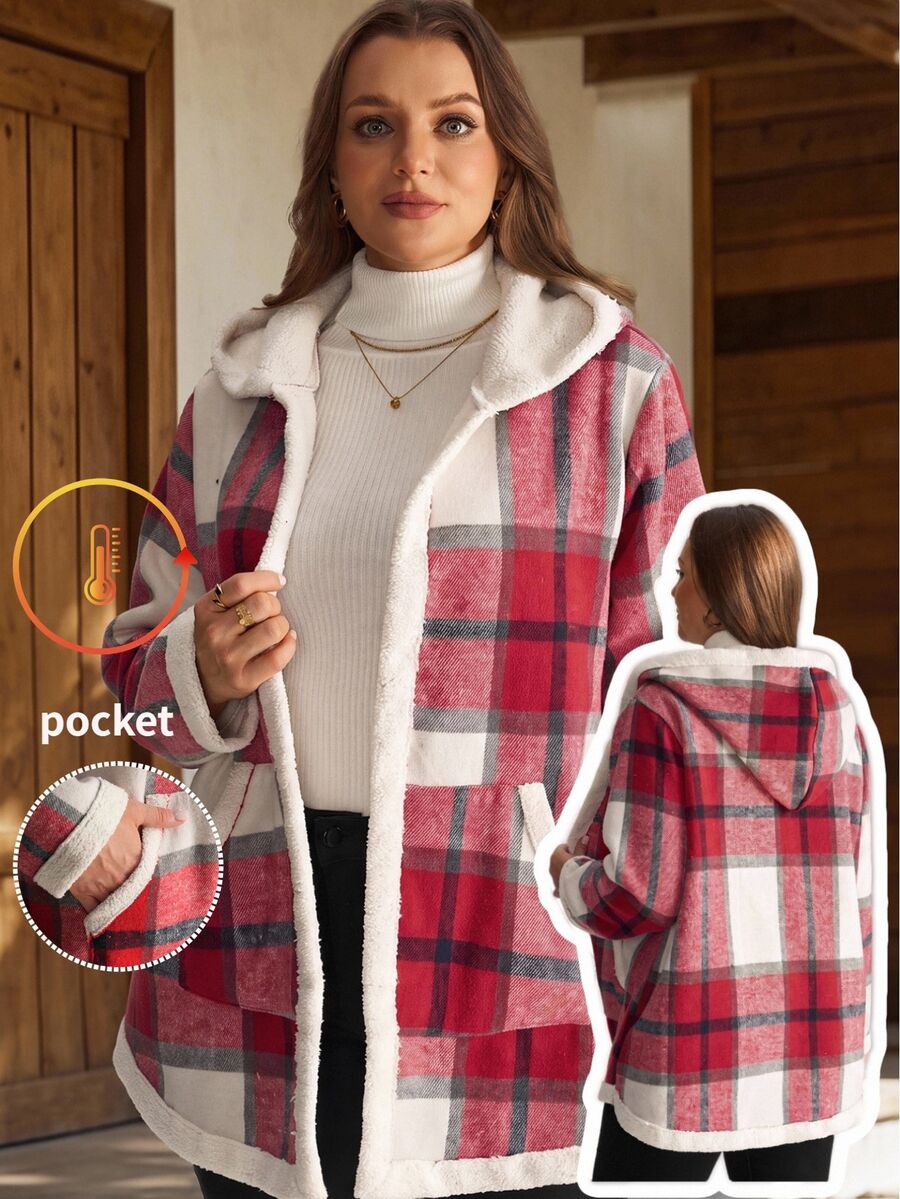 EMERY ROSE Women's Plus Size Plaid Fleece Lined Hooded Jacket Winter Clothes Fall Winter 2026 Vintage Coat Winter Clothes Winter Outfit For Women - Multicolor - View 1