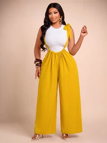 Brilight Women Wide Leg Jumpsuit, Bowknot Spaghetti Strap Backless Ruched Satin Romper, Vacation Outfit For Holiday Garden Party Mustard Yellow Summer - Mustard Yellow - View 4