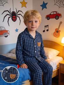 2件組男童幼兒居家服套裝，兒童藍黑格紋睡衣套裝，男童翻領熊刺繡休閒服長袖2件套 - 寶藍色 - 查看 7