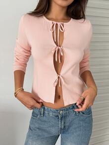 Strévra Women's Solid Color Casual Versatile Daily Wear Cardigan - Pink - View 1