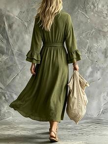 SHEIN Women's Solid Color Ruffle Collar Flare Sleeve Waist Tie Elegant Dress - Green - View 2