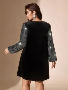 Comfylo 大尺碼優雅百搭亮片拼接V領洋裝 - 黑色 - 查看 2