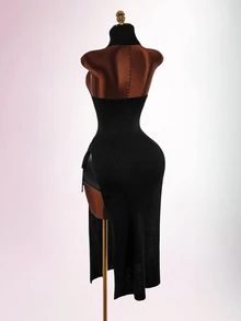 Amplova Women's Heart-Shaped Cutout Front Slit Knit Dress - Black - View 9