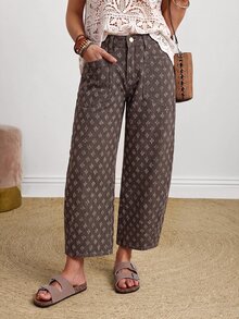 SHEIN PETITE 女款時尚提花鈕扣口袋牛仔短褲 - 咖啡棕 - 查看 3