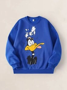 LOONEY TUNES X SHEIN Men's Fashion Cartoon Print Long Sleeve Pullover Sweatshirt - Blue - View 3