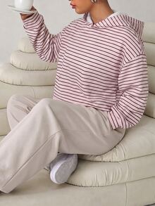 Solflare Plus Size Women's Striped Casual Daily Wear Hooded Sweatshirt - Multicolor - View 4