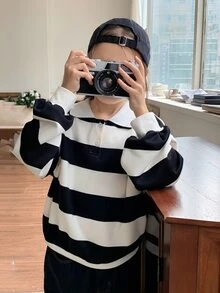 Dazy Kids (فتاة مراهقة) سويتشيرت فضفاض بياقة مخططة كاجوال بأكمام طويلة، خريف/شتاء - أبيض وأسود - مشاهدة 5