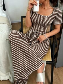 Napfluff Women's Knit Striped Casual Wide Leg Pajama Set - Brown - View 3