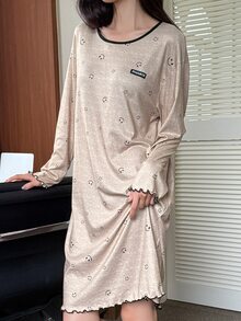 DAZY Women's Colorblock Denim Casual Daily Home Long Sleeve Nightgown - Khaki - View 6