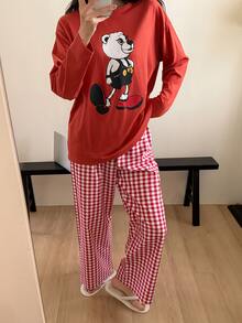 DAZY 2pcs/Set Women's Cartoon Bear Pattern Loose Long Sleeve T-Shirt & Plaid Straight Leg Long Pajama Pants Loungewear Set - Red - View 6