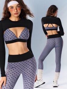 VARSIVA Bộ đồ thể thao nữ gồm áo croptop tay dài màu trơn, áo ngực in họa tiết chấm bi và quần legging - Nhiều màu - Xem 1