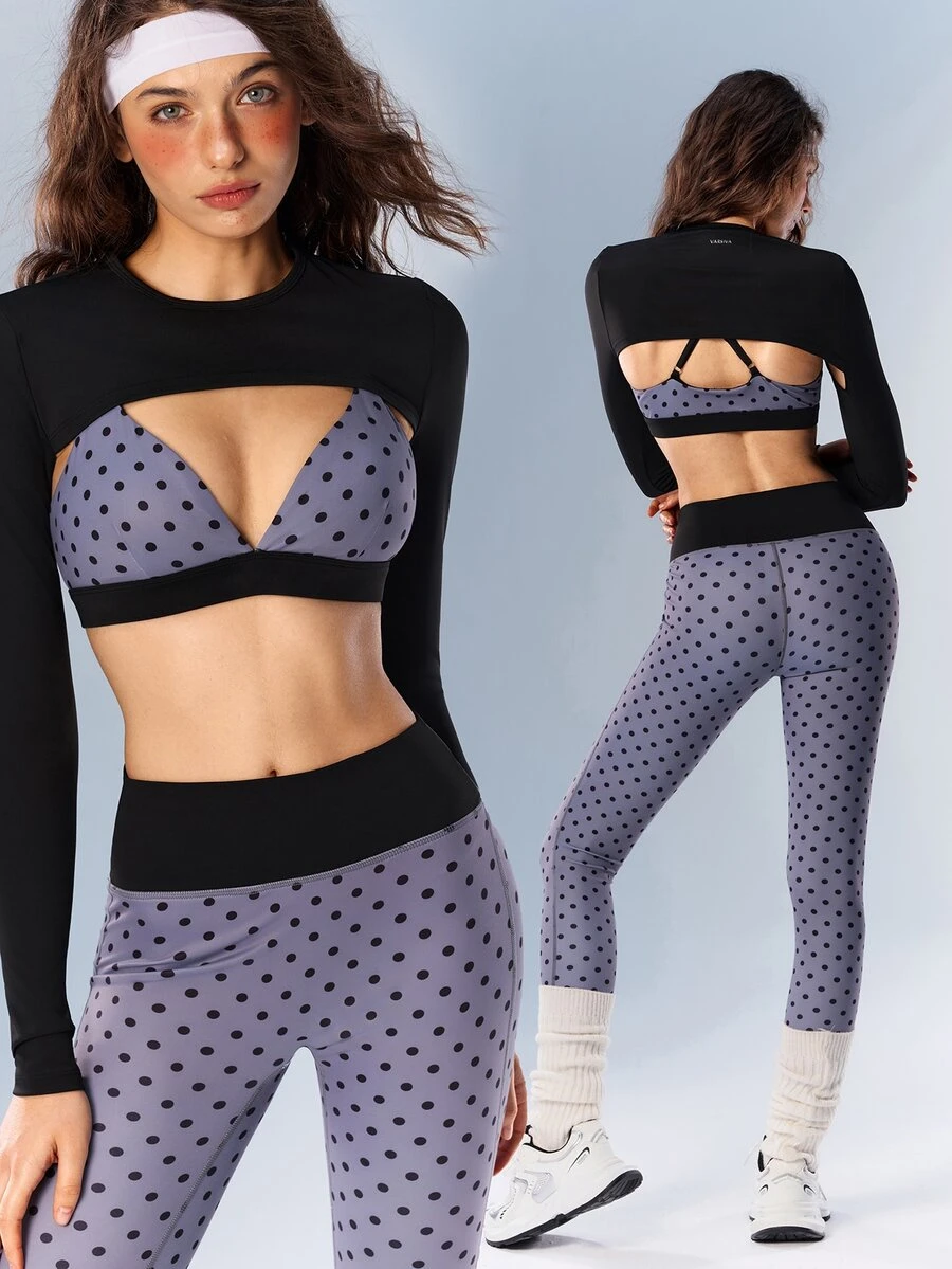 VARSIVA Bộ đồ thể thao nữ gồm áo croptop tay dài màu trơn, áo ngực in họa tiết chấm bi và quần legging - Nhiều màu - Xem 1
