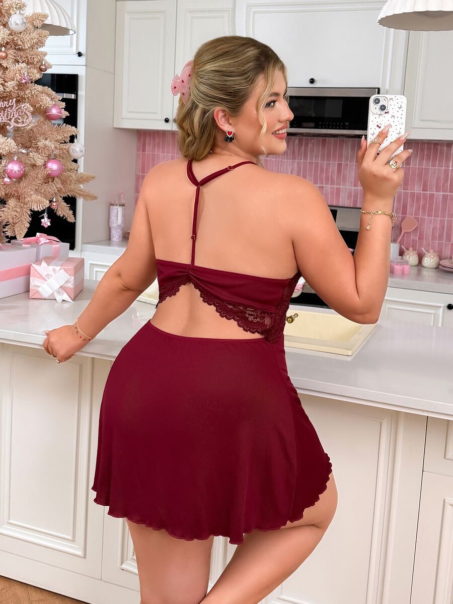 Slumberry CURVE Plus Size Women Lace Patchwork Sexy Daily Home Halter Neck Dress - Burgundy - View 1