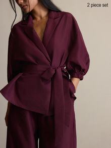 COSMINA Setelan Blus dan Celana Panjang Lengan Mengembang Warna Burgundy untuk Wanita, Pakaian Dua Potong Lengan 3/4 - Burgundy - View 6