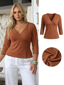Auralis Early Autumn Deep V-Neck Back To School Season Mid-Sleeve Fitted Teal Plus Size Elegant T-Shirt/Modern Commute - Brown - View 10