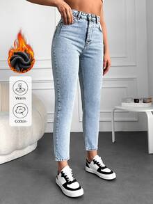 SHEIN Warm Effect High Waist Casual Style Light Blue Snow Wash Regular Fit Button Front Mom Jean Everyday Winter - Light Wash - View 1