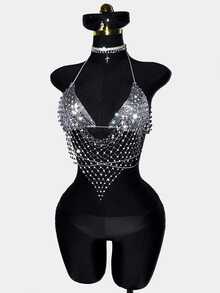EgrlEra Petite Women's Fishnet Rhinestone Spaghetti Strap Strap Top, Rhinestone Embellished Sparkling Design Perfect For Bar, Party, Club Outfits - Dark Grey - View 5