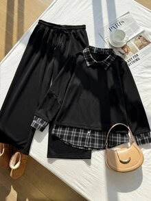 SHEIN EZwear 大尺碼休閒格紋拼接 2 合 1 運動衫與抽繩腰長褲 2 件套 - 黑與白 - 查看 5
