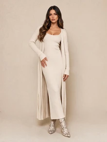Amorya Women's Solid Color Dress And Robe Casual Daily 2 Pieces Set Fall Winter - Apricot - View 4