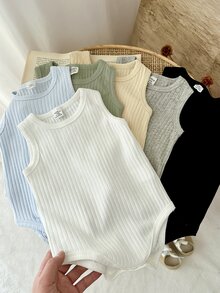 SHEIN Vintaside Kids 6件組男嬰連身衣 羅紋針織 藍色米色綠色 可扣開 圓領無袖 輕便 適合度假海灘夏季假期生日 簡約可愛 - 彩色 - 查看 6