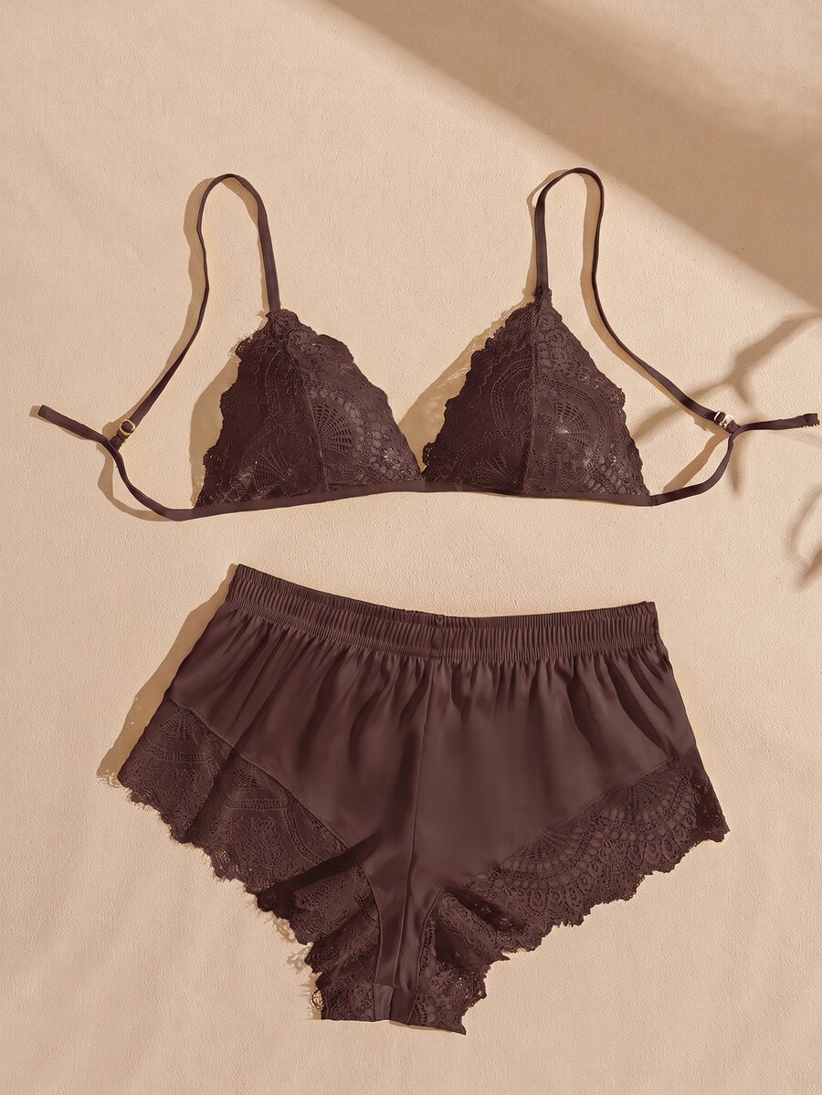 Lullawish Contrast Lace Triangle PJ Set - Rust Brown - View 1
