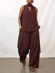 Zivah Women's Solid Color Top And Long Pants Casual Daily Set - Rust Brown - View 4