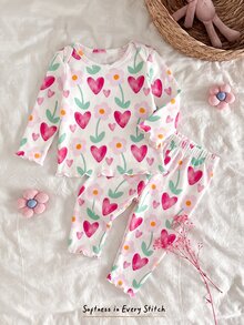 新生女嬰可愛卡通花卉圖案長袖家居服套裝 秋季出院家庭穿著 白色與紅色配色 - 彩色 - 查看 6