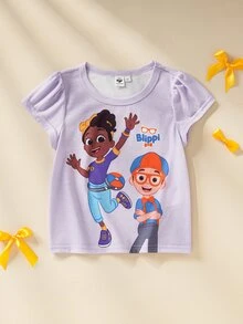 Blippi X SHEIN Young Girls Cartoon Print Cap Sleeve T-Shirt - Purple - View 1